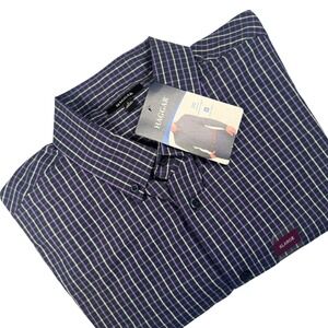 Haggar Shirt Mens XL Navy Purple Plaid Stretch Button Down Long Sleeve NWT